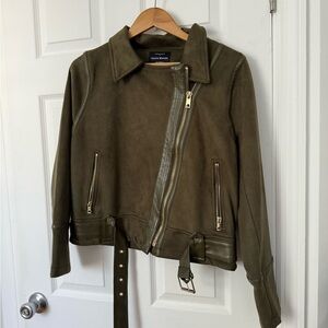 Haute Monde Green Leather Jacket Asymmetrical Moto Style